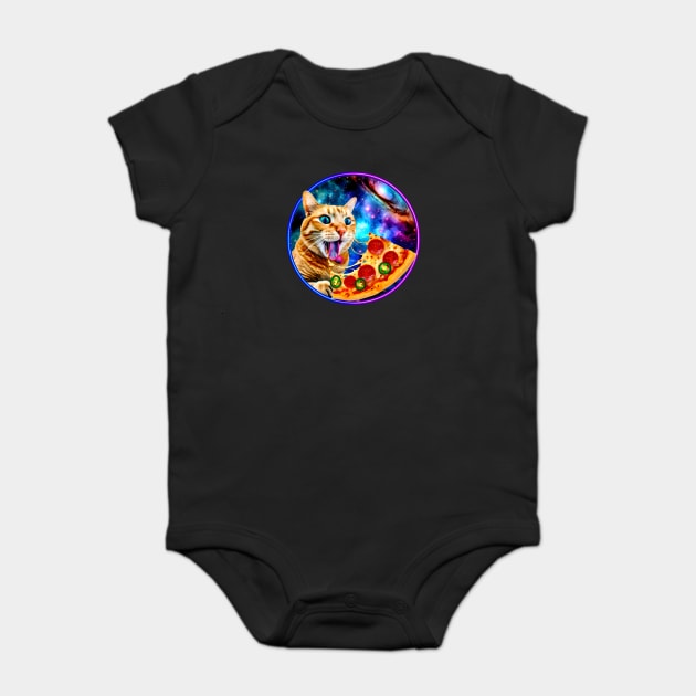 Funny Orange Cat eating Pizza in Space Baby Bodysuit by logiamerch